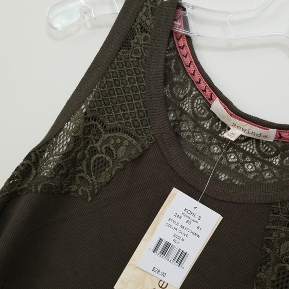 NWT Olive Green Ribbed Swing Tank with Lace - Picture 2 of 6